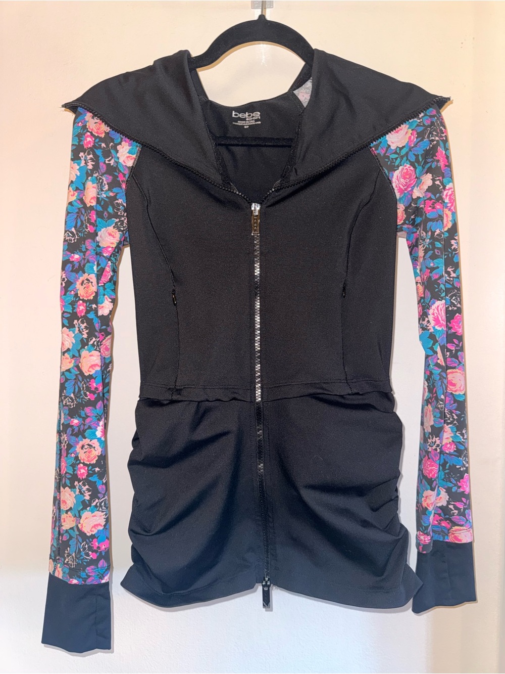 Bebe Sport Y2K Floral Zip Front Hooded Jacket Top Small Made in USA